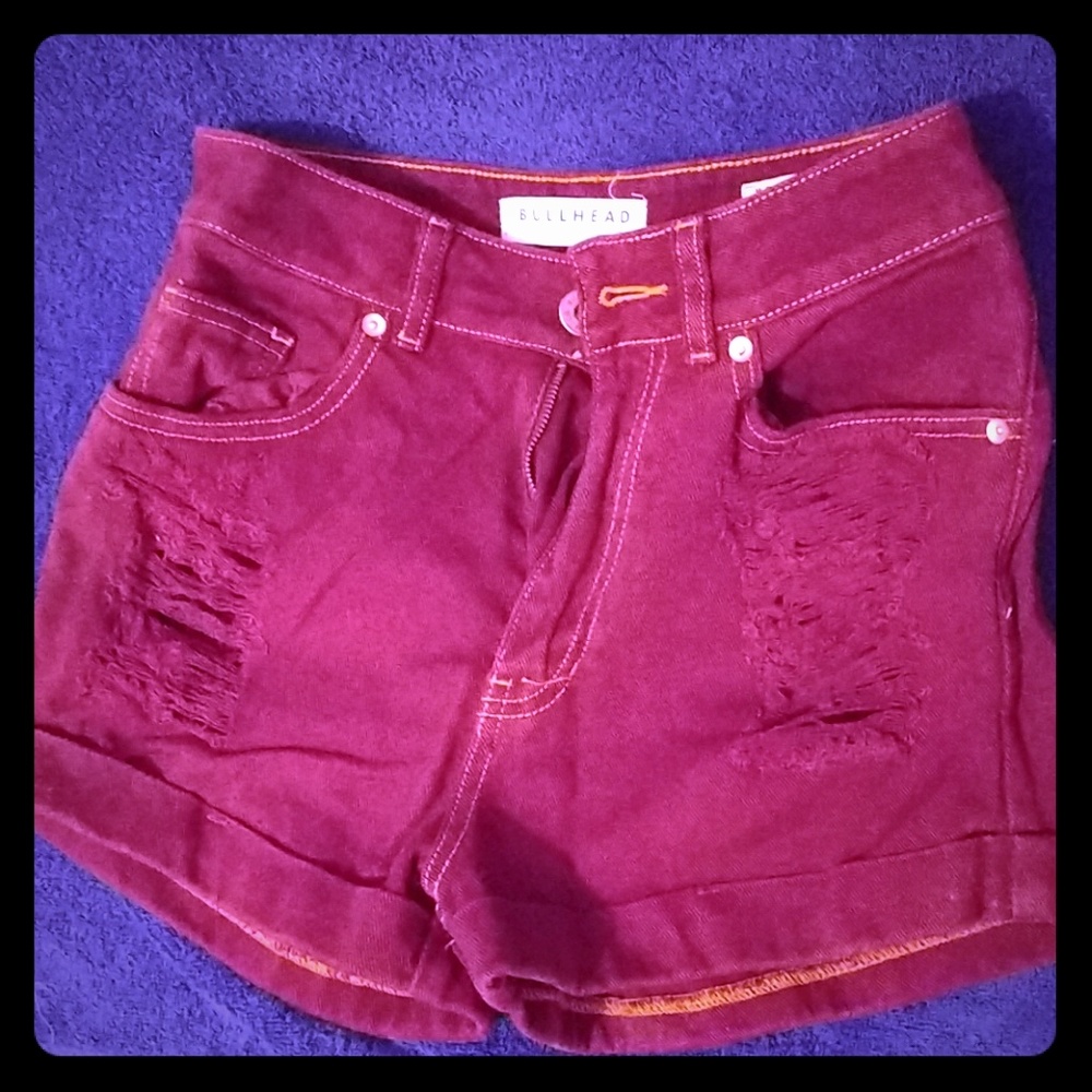 Maroon denim high waisted shorts